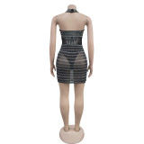 Sexy Mesh Hot Drill Halter Backless Mini Dress BY-6959