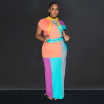 Color Block Print Short Sleeve Drawstring Hooded Dress BY-6975