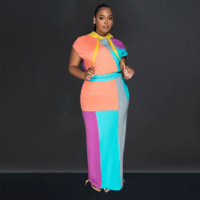 Color Block Print Short Sleeve Drawstring Hooded Dress BY-6975