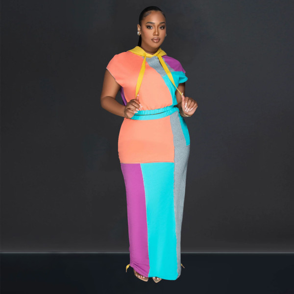 Color Block Print Short Sleeve Drawstring Hooded Dress BY-6975