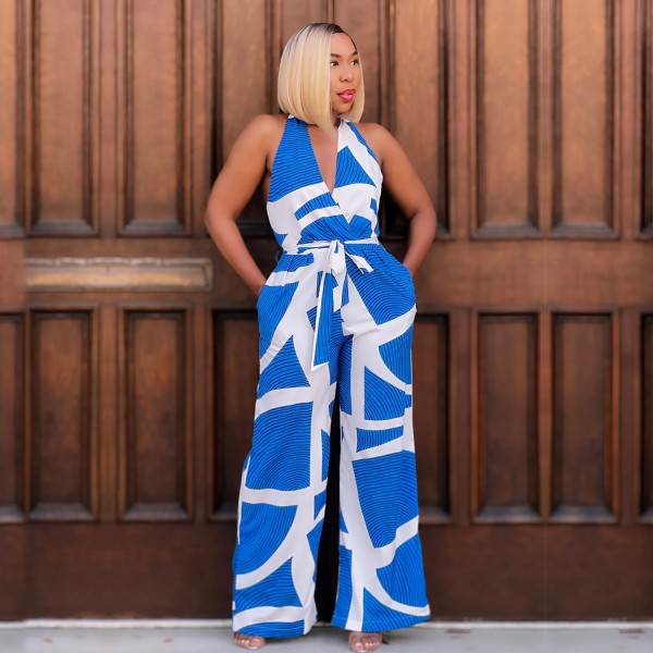 Fashion Print V Neck Backless Jumpsuit BY-6985