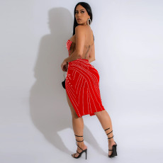 Hot Drill Mesh Patchwork Backless Midi Dress BY-6968