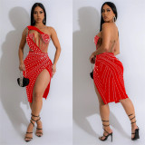Hot Drill Mesh Patchwork Backless Midi Dress BY-6968