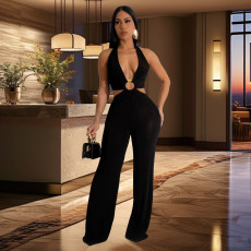 Solid Color V Neck Halter Jumpsuit BY-6970