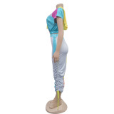 Color Block Print Short Sleeve Drawstring Hooded Dress BY-6975