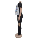 Print Short Sleeve Color Block Two Piece Pants Set BY-6998