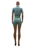 Plus Size Vintage Printed Spliced Ribbed Short Sleeve Shorts Set GMOY-2342