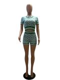 Plus Size Vintage Printed Spliced Ribbed Short Sleeve Shorts Set GMOY-2342