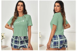 Letter Print Plaid Shorts T-shirt Pajama Loungewear Suit GLSY-W0260