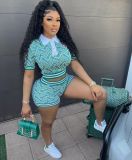 Plus Size Vintage Printed Spliced Ribbed Short Sleeve Shorts Set GMOY-2342