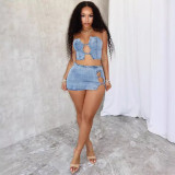 Sexy Lacing Up Wrap Top Slit Skirt Denim 2 Piece Set GAKF-A40606