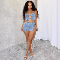 Sexy Lacing Up Wrap Top Slit Skirt Denim 2 Piece Set GAKF-A40606