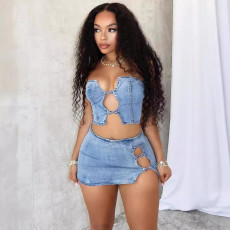Sexy Lacing Up Wrap Top Slit Skirt Denim 2 Piece Set GAKF-A40606