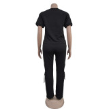 Print Short Sleeve Color Block Two Piece Pants Set BY-6998