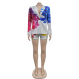 Fashion Print Long Sleeve Blazer Two Piece Short Set BY-6986