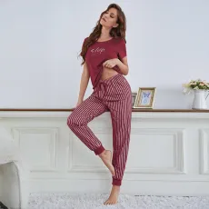 Short Sleeve White Striped Pants Letter Printed T-Shirt Pajamas Set GLSY-W0261