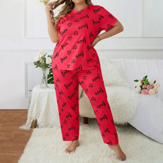 Plus Size Love Print Short Sleeve Long Pants Pajamas Set GLSY-ZT0028
