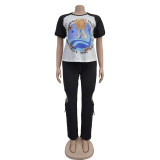 Print Short Sleeve Color Block Two Piece Pants Set BY-6998
