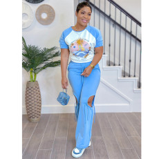 Print Short Sleeve Color Block Two Piece Pants Set BY-6998