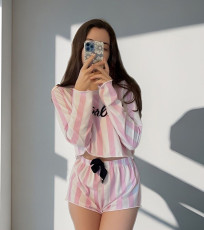 Pink White Striped Pajamas Casual Loungewear Suit GLSY-W0259