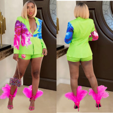 Fashion Print Long Sleeve Blazer Two Piece Short Set BY-6986