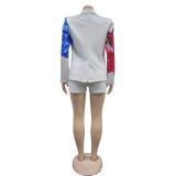 Fashion Print Long Sleeve Blazer Two Piece Short Set BY-6986