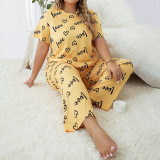 Plus Size Love Print Short Sleeve Long Pants Pajamas Set GLSY-ZT0028