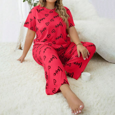 Plus Size Love Print Short Sleeve Long Pants Pajamas Set GLSY-ZT0028