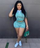 Plus Size Vintage Printed Spliced Ribbed Short Sleeve Shorts Set GMOY-2342