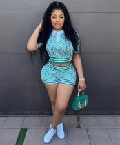 Plus Size Vintage Printed Spliced Ribbed Short Sleeve Shorts Set GMOY-2342