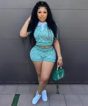 Plus Size Vintage Printed Spliced Ribbed Short Sleeve Shorts Set GMOY-2342