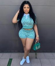 Plus Size Vintage Printed Spliced Ribbed Short Sleeve Shorts Set GMOY-2342