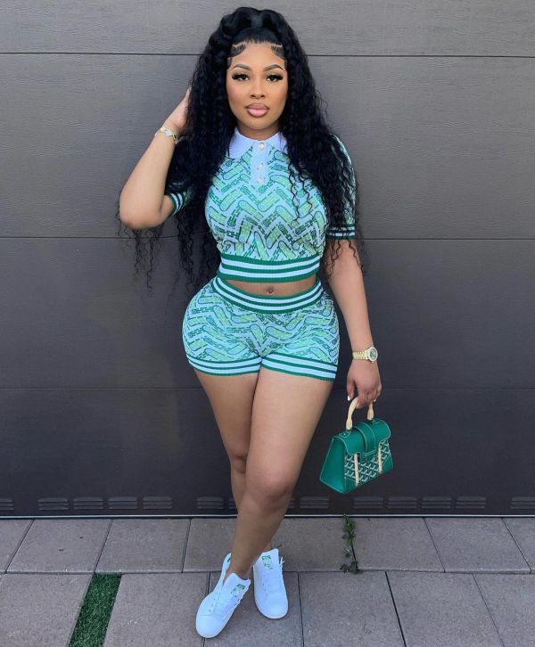 Plus Size Vintage Printed Spliced Ribbed Short Sleeve Shorts Set GMOY-2342