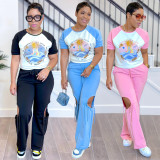 Print Short Sleeve Color Block Two Piece Pants Set BY-6998