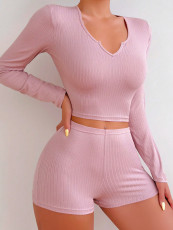 Solid Color Ribbed Knits Loungewear Two Piece Set GLSY-W0258