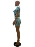 Plus Size Vintage Printed Spliced Ribbed Short Sleeve Shorts Set GMOY-2342