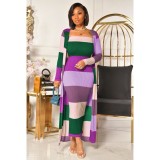 Print Color Block Long Dress+Long Coat 2 Piece Set LS-5033