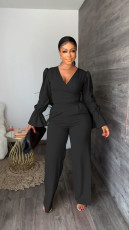 Solid Color Flare Sleeve Tie Up Two Piece Pants Set LS-5109