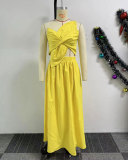 Solid Color One Shoulder Petal Hollow Out Maxi Dress NY-10836