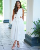 Solid Color One Shoulder Petal Hollow Out Maxi Dress NY-10836