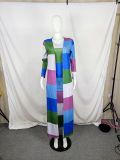 Print Color Block Long Dress+Long Coat 2 Piece Set LS-5033