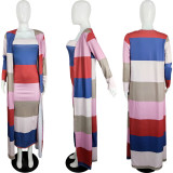 Print Color Block Long Dress+Long Coat 2 Piece Set LS-5033
