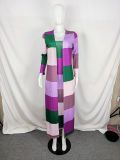 Print Color Block Long Dress+Long Coat 2 Piece Set LS-5033