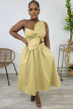 Solid Color One Shoulder Petal Hollow Out Maxi Dress NY-10836