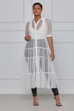 Plus Size Solid Color Mesh Short Sleeve Coat Dress LS-5051