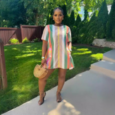Colorful Striped Patchwork Short Sleeve Mini Dress NY-10833