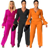 Solid Color Flare Sleeve Tie Up Two Piece Pants Set LS-5109