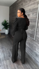 Solid Color Flare Sleeve Tie Up Two Piece Pants Set LS-5109