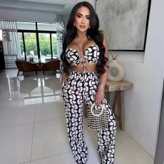 Print Bandage Tops And Wide Leg Pants 2 Piece Set NY-10832