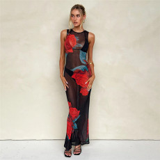 O Neck sleeveless See-through Mesh Printed Maxi Dress XEF-50699